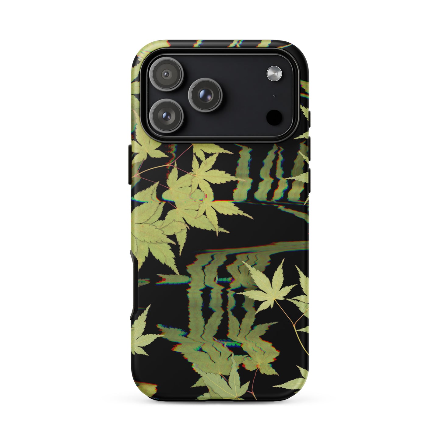 Pressed maple leaf iphone 17 pro max matte case by Old Leaf Designs featuring digital glitch botanical artwork on a black background