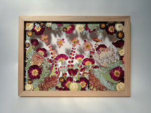 3d pressed flower artwork with protea flower and australian native flowers including eucalyptus and bright garden style florals with poppies, roses, strawflowers in a floating glass frame with hand crafted oak wooden frame. bouquet artwork fine art museum grade heirloom artwork 