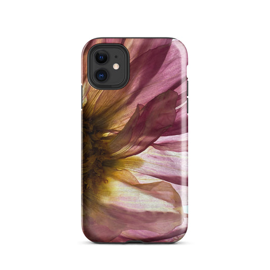 Pressed flower iphone 11 glossy case by Old Leaf Designs featuring close up botanical artwork of a pink Dahlia