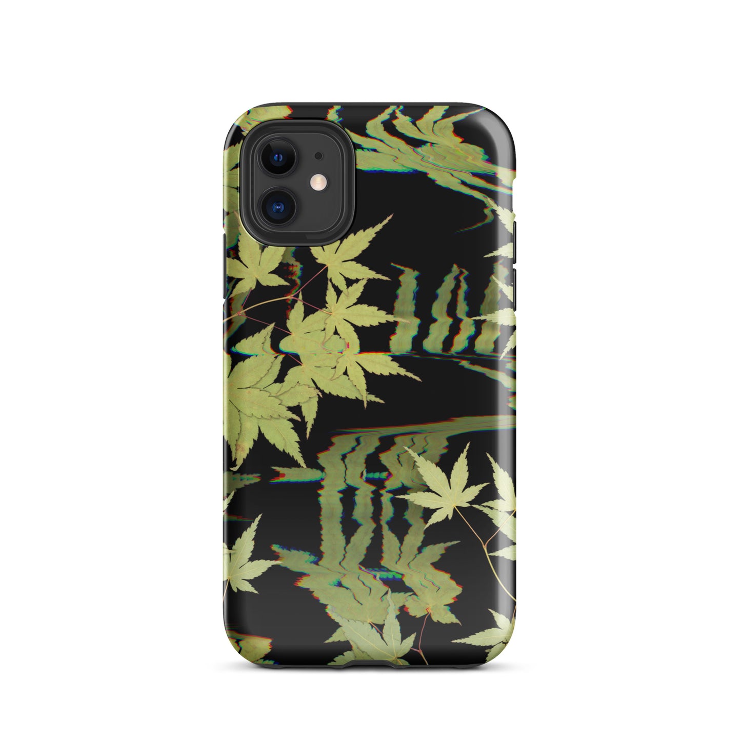Pressed maple leaf iphone 11 glossy case by Old Leaf Designs featuring digital glitch botanical artwork on a black background