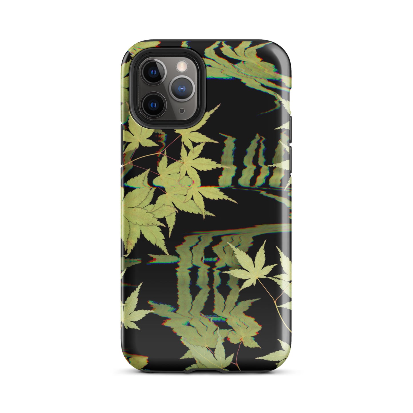 Pressed maple leaf iphone 11 pro glossy case by Old Leaf Designs featuring digital glitch botanical artwork on a black background