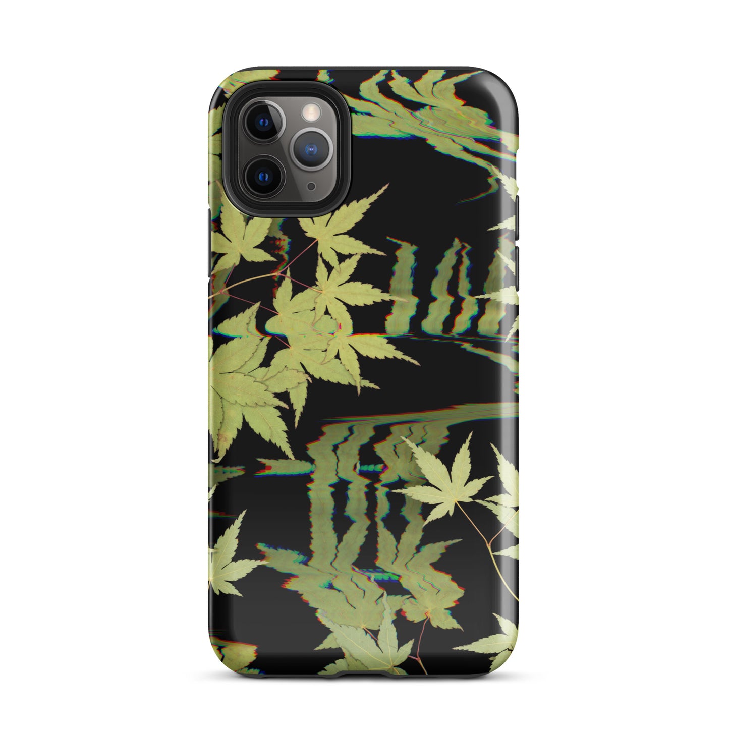 Pressed maple leaf iphone 11 pro max glossy case by Old Leaf Designs featuring digital glitch botanical artwork on a black background