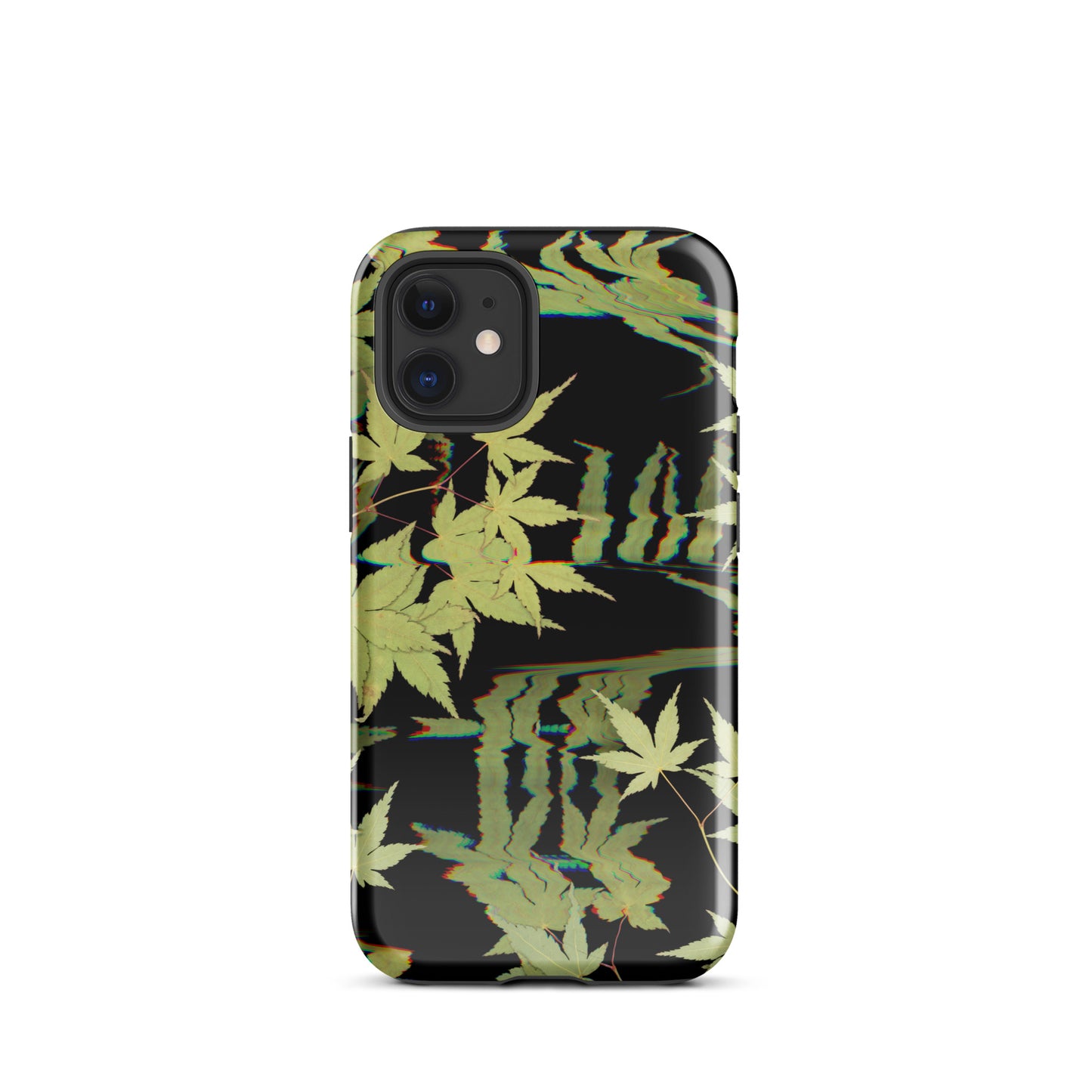 Pressed maple leaf iphone 12 mini glossy case by Old Leaf Designs featuring digital glitch botanical artwork on a black background
