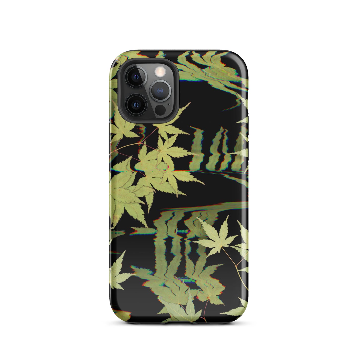 Pressed maple leaf iphone 12 pro glossy case by Old Leaf Designs featuring digital glitch botanical artwork on a black background