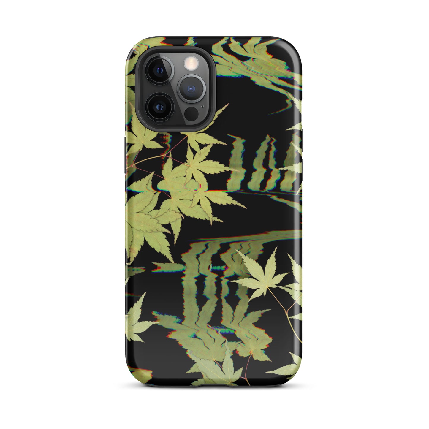 Pressed maple leaf iphone 12 pro max glossy case by Old Leaf Designs featuring digital glitch botanical artwork on a black background