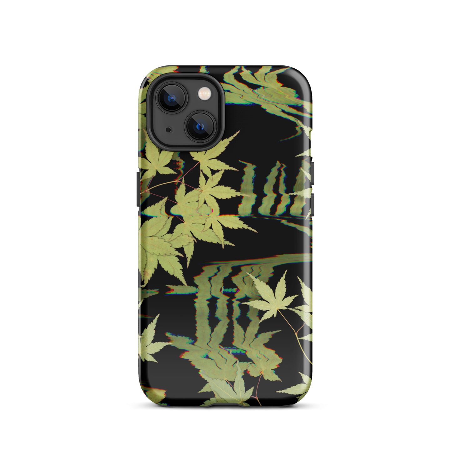 Pressed maple leaf iphone 13 glossy case by Old Leaf Designs featuring digital glitch botanical artwork on a black background