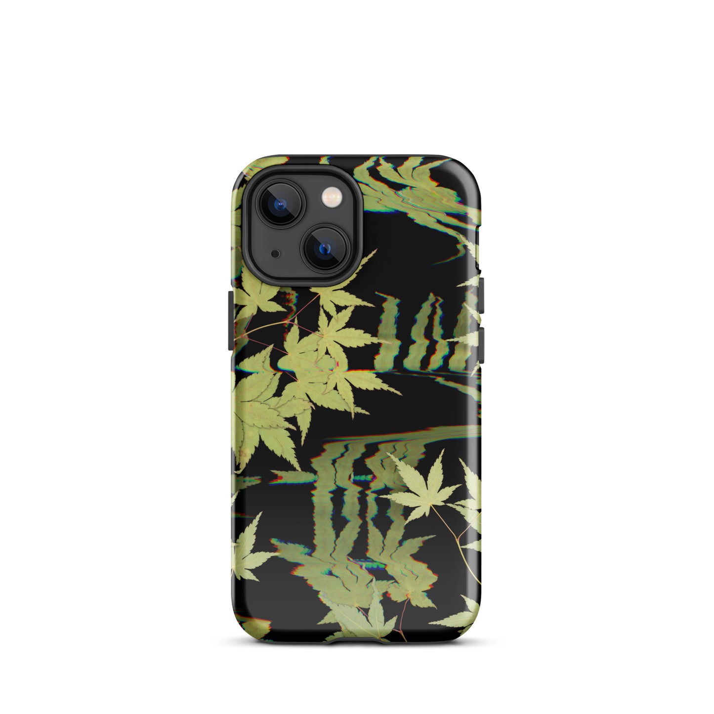 Pressed maple leaf iphone 13 mini glossy case by Old Leaf Designs featuring digital glitch botanical artwork on a black background