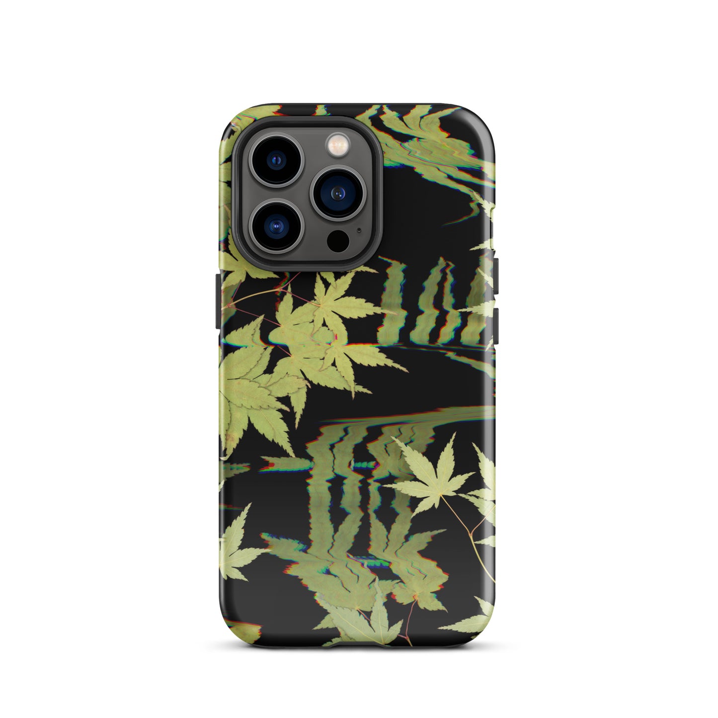 Pressed maple leaf iphone 13 pro glossy case by Old Leaf Designs featuring digital glitch botanical artwork on a black background