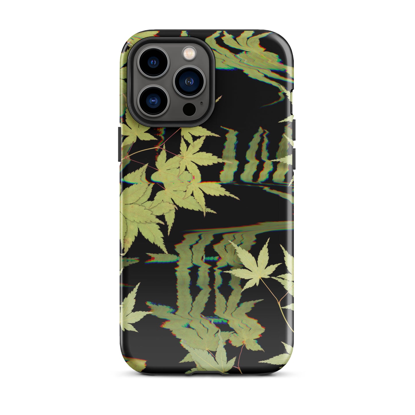 Pressed maple leaf iphone 13 pro max glossy case by Old Leaf Designs featuring digital glitch botanical artwork on a black background