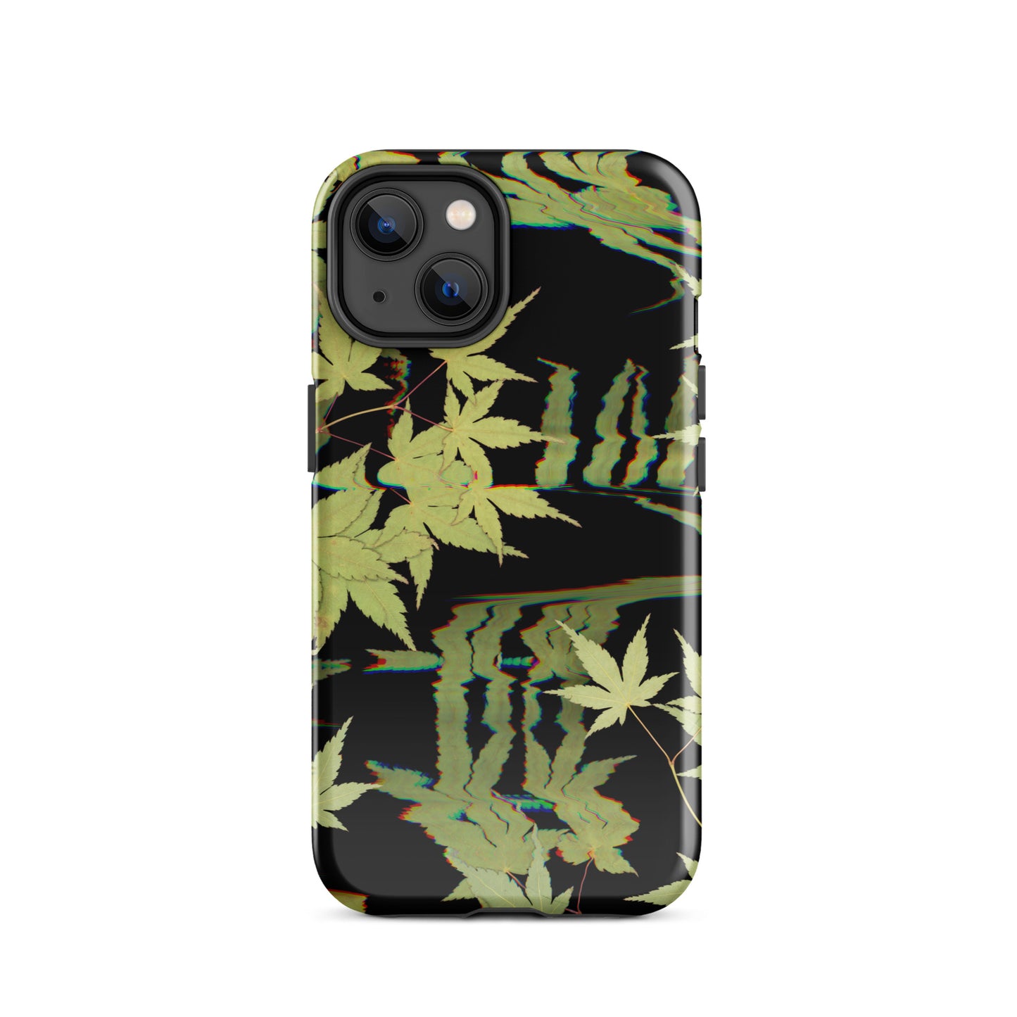 Pressed maple leaf iphone 14 glossy case by Old Leaf Designs featuring digital glitch botanical artwork on a black background