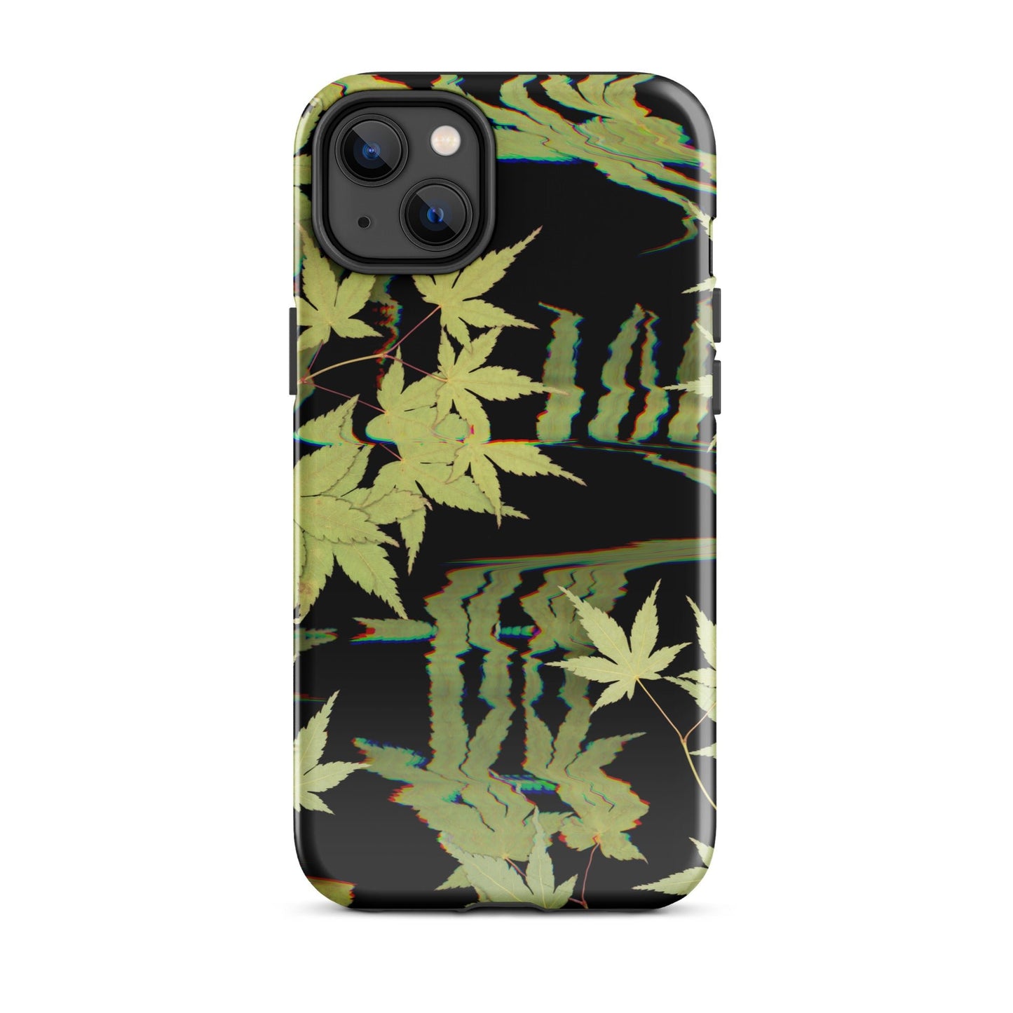 Pressed maple leaf iphone 14 plus glossy case by Old Leaf Designs featuring digital glitch botanical artwork on a black background