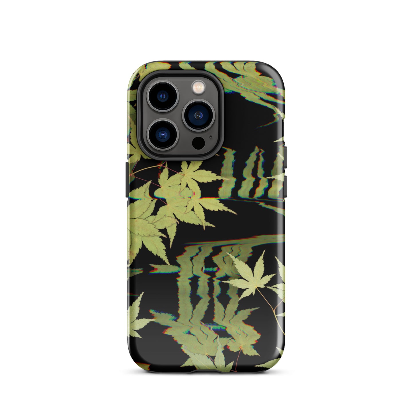 Pressed maple leaf iphone 14 pro glossy case by Old Leaf Designs featuring digital glitch botanical artwork on a black background