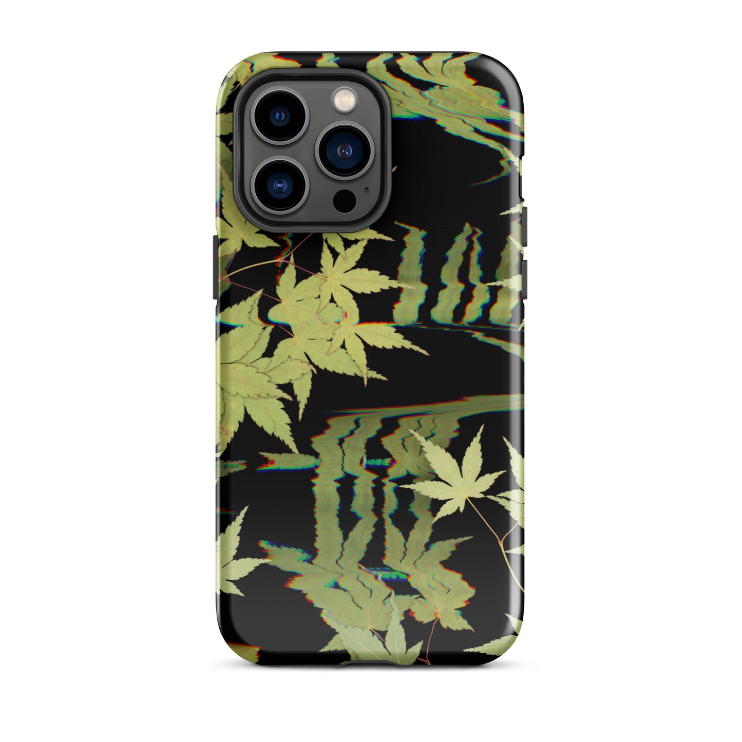Pressed maple leaf iphone 14 pro max glossy case by Old Leaf Designs featuring digital glitch botanical artwork on a black background