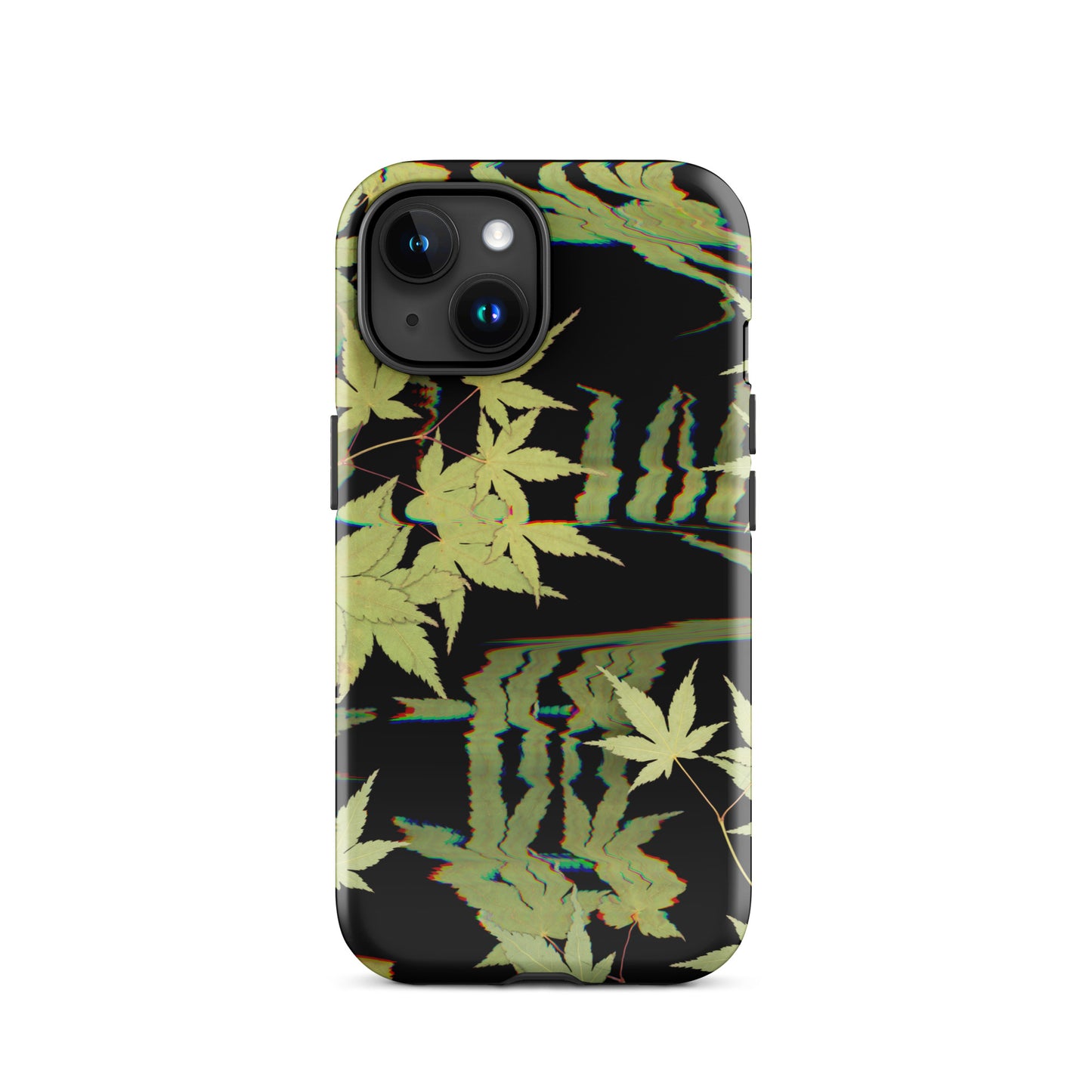 Pressed maple leaf iphone 15 glossy case by Old Leaf Designs featuring digital glitch botanical artwork on a black background