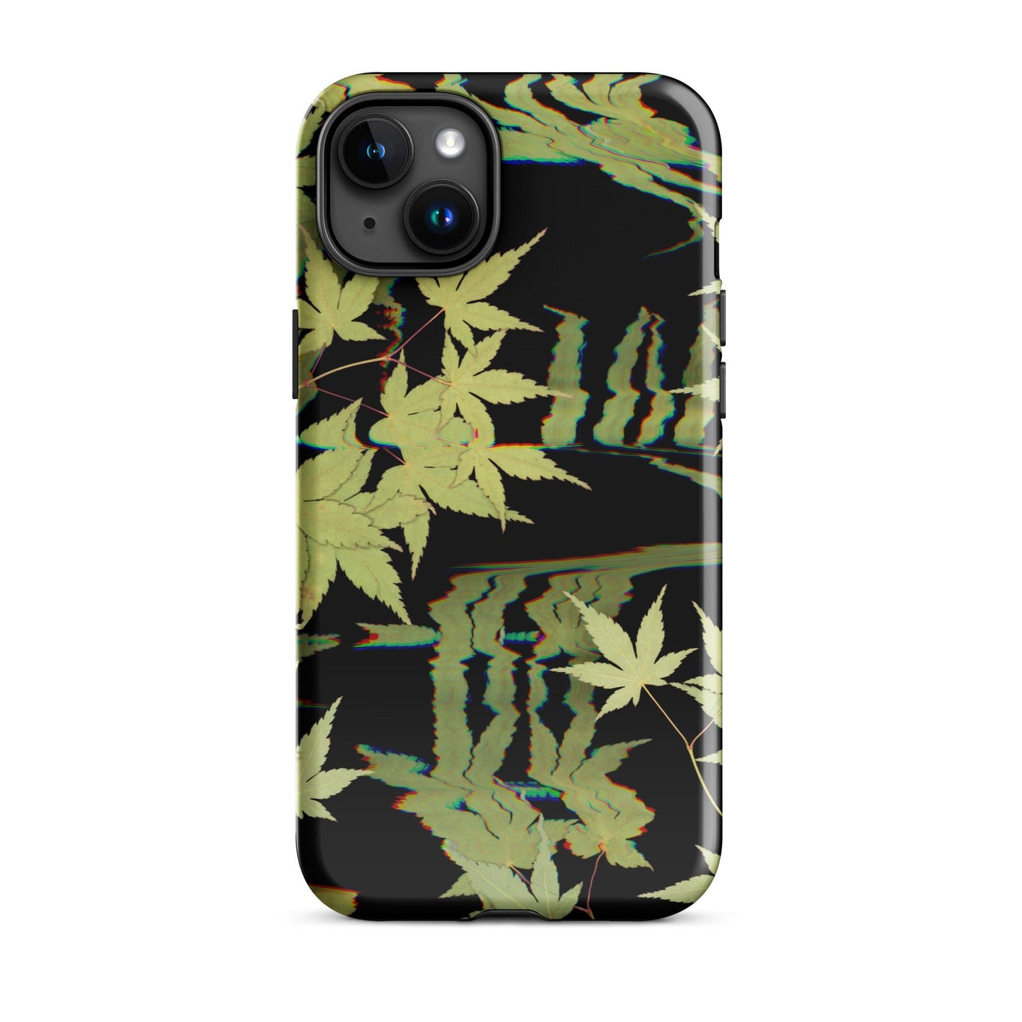 Pressed maple leaf iphone 15 plus glossy case by Old Leaf Designs featuring digital glitch botanical artwork on a black background