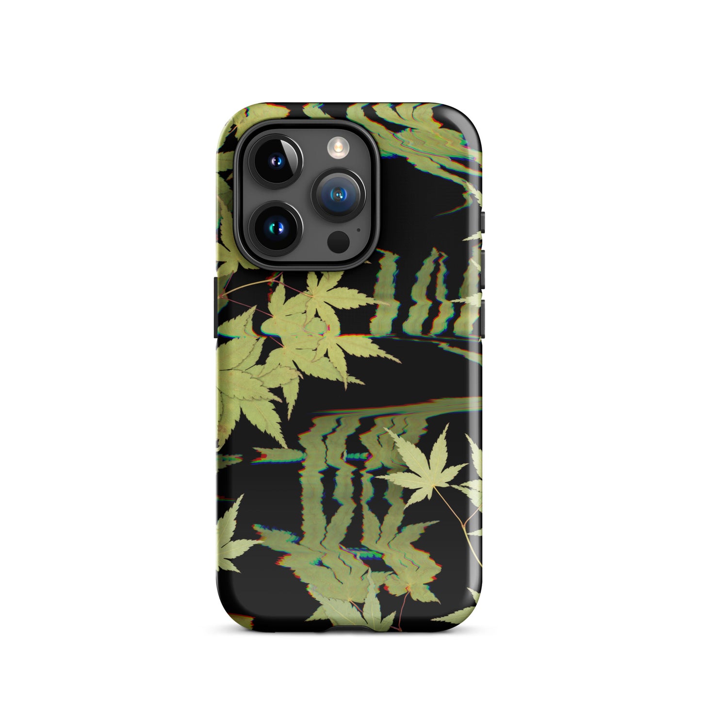Pressed maple leaf iphone 15 pro glossy case by Old Leaf Designs featuring digital glitch botanical artwork on a black background
