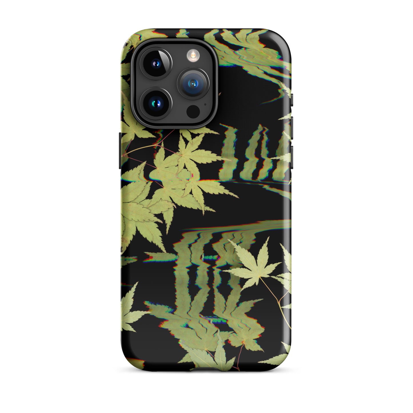 Pressed maple leaf iphone 15 pro max glossy case by Old Leaf Designs featuring digital glitch botanical artwork on a black background