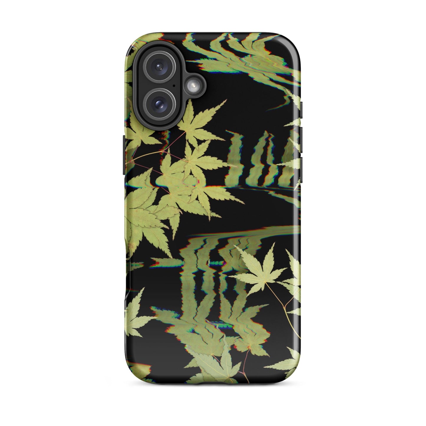 Pressed maple leaf iphone 16 plus glossy case by Old Leaf Designs featuring digital glitch botanical artwork on a black background