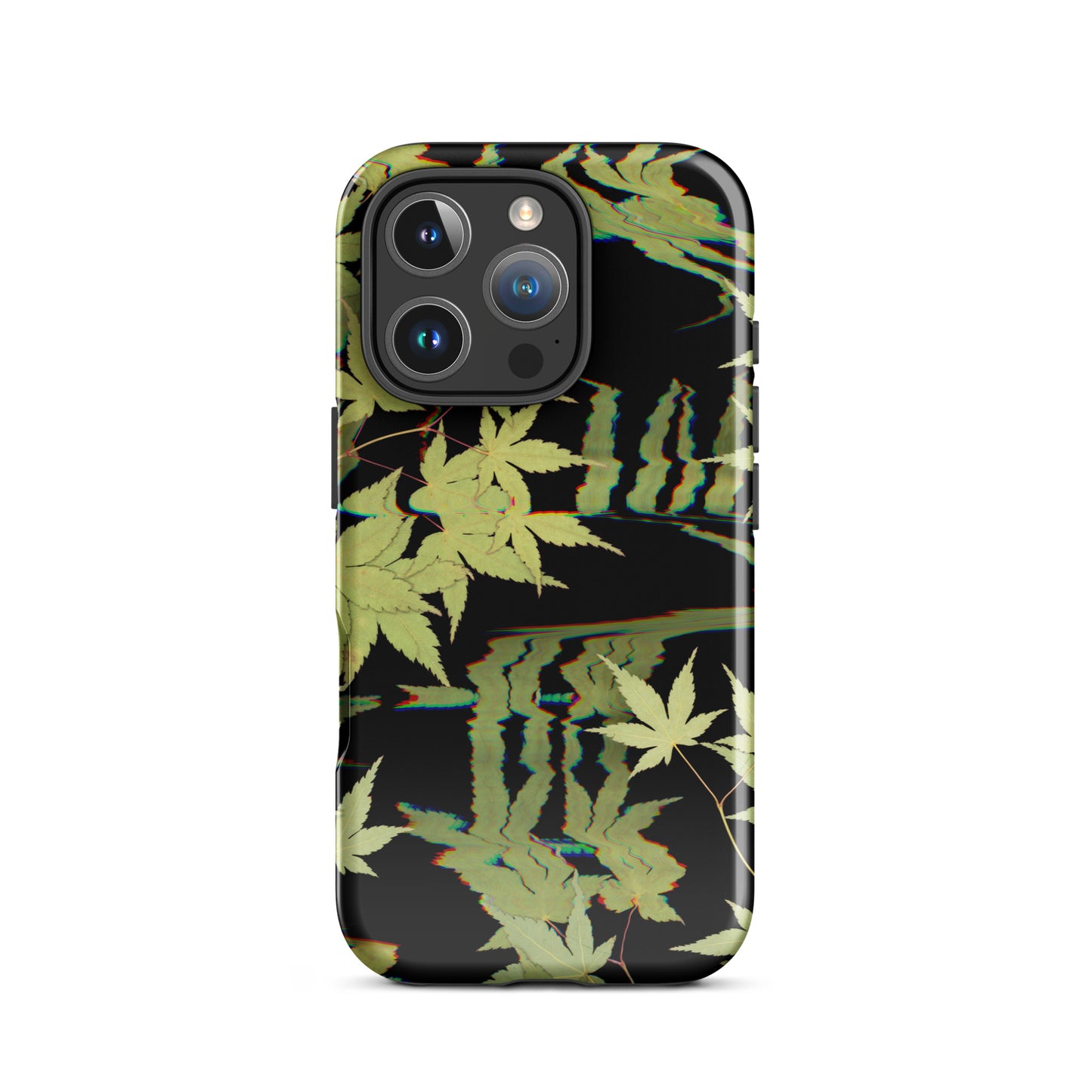 Pressed maple leaf iphone 16 pro glossy case by Old Leaf Designs featuring digital glitch botanical artwork on a black background