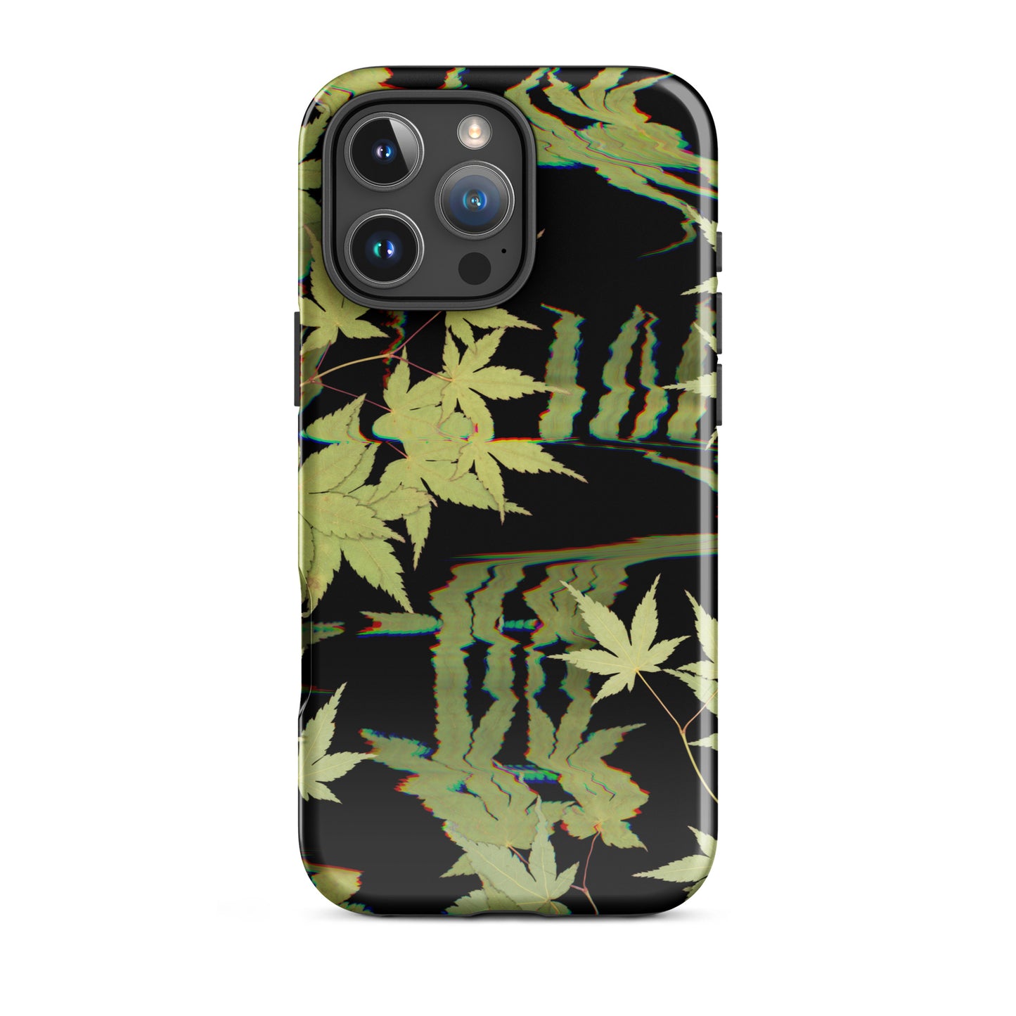 Pressed maple leaf iphone 16 pro max glossy case by Old Leaf Designs featuring digital glitch botanical artwork on a black background
