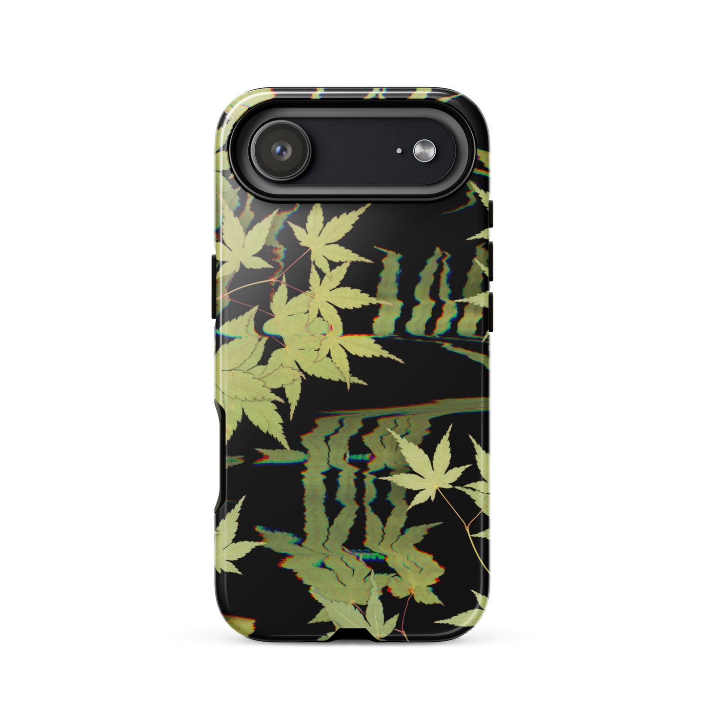 Pressed maple leaf iphone 17 air glossy case by Old Leaf Designs featuring digital glitch botanical artwork on a black background