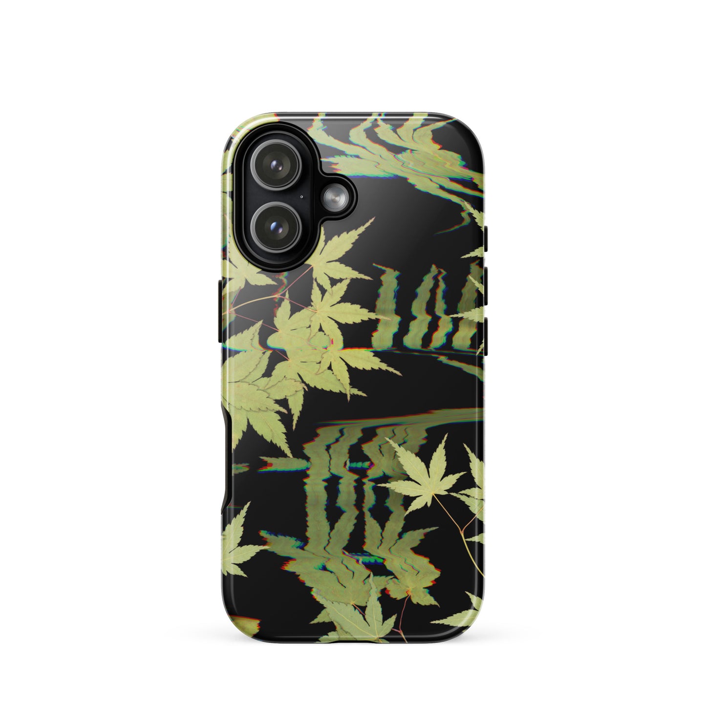 Pressed maple leaf iphone 17 glossy case by Old Leaf Designs featuring digital glitch botanical artwork on a black background