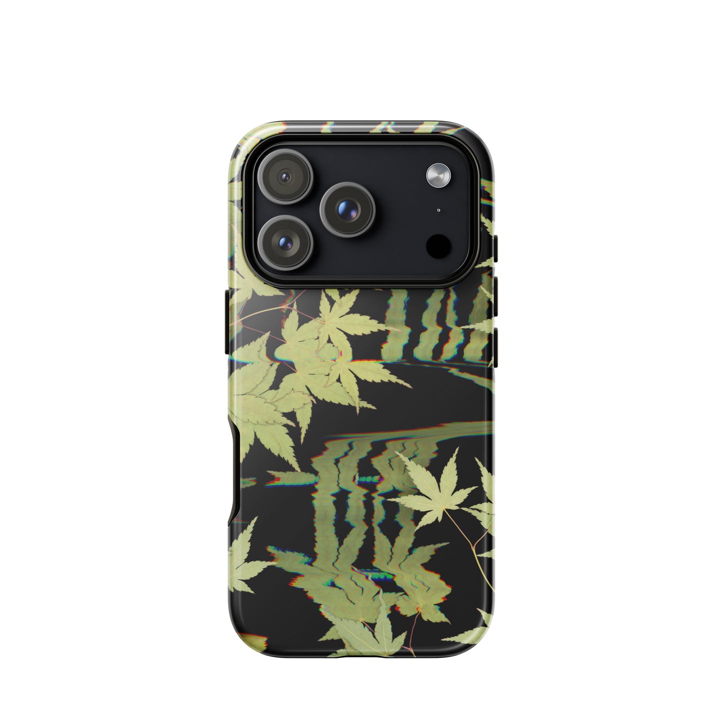 Pressed maple leaf iphone 17 pro glossy case by Old Leaf Designs featuring digital glitch botanical artwork on a black background