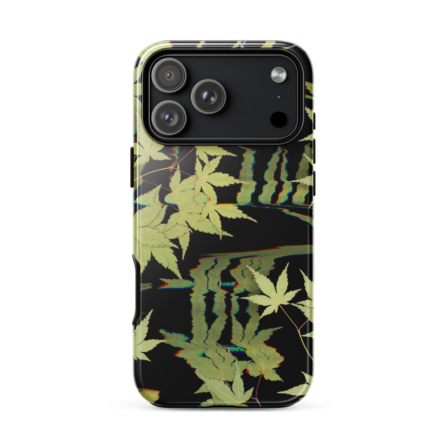 Pressed maple leaf iphone 17 pro max glossy case by Old Leaf Designs featuring digital glitch botanical artwork on a black background