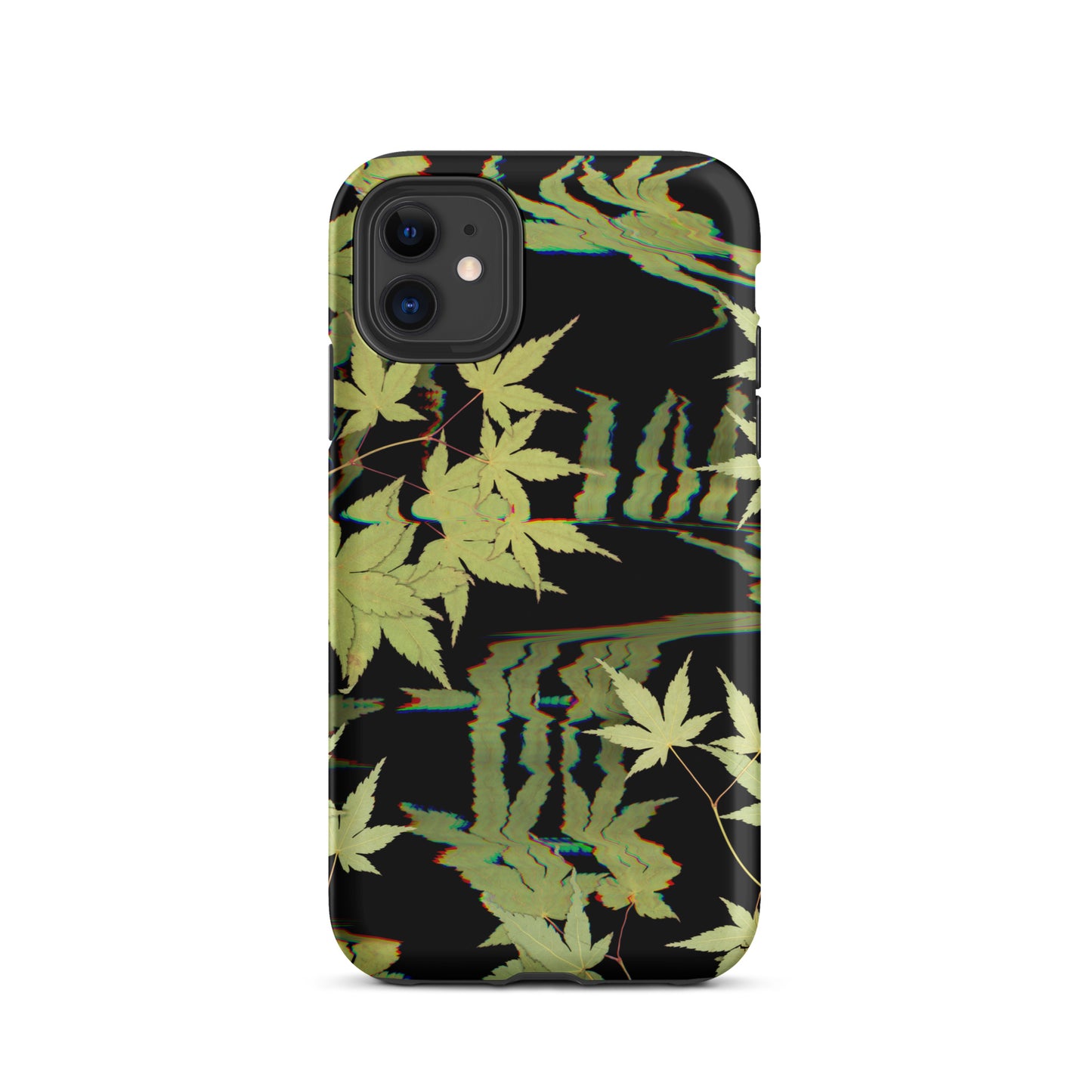 Pressed maple leaf iphone 11 matte case by Old Leaf Designs featuring digital glitch botanical artwork on a black background