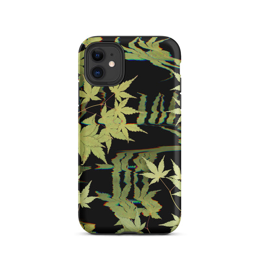 Pressed maple leaf iphone 11 matte case by Old Leaf Designs featuring digital glitch botanical artwork on a black background