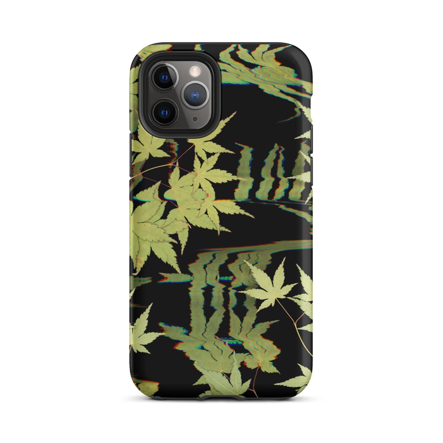 Pressed maple leaf iphone 11 pro matte case by Old Leaf Designs featuring digital glitch botanical artwork on a black background