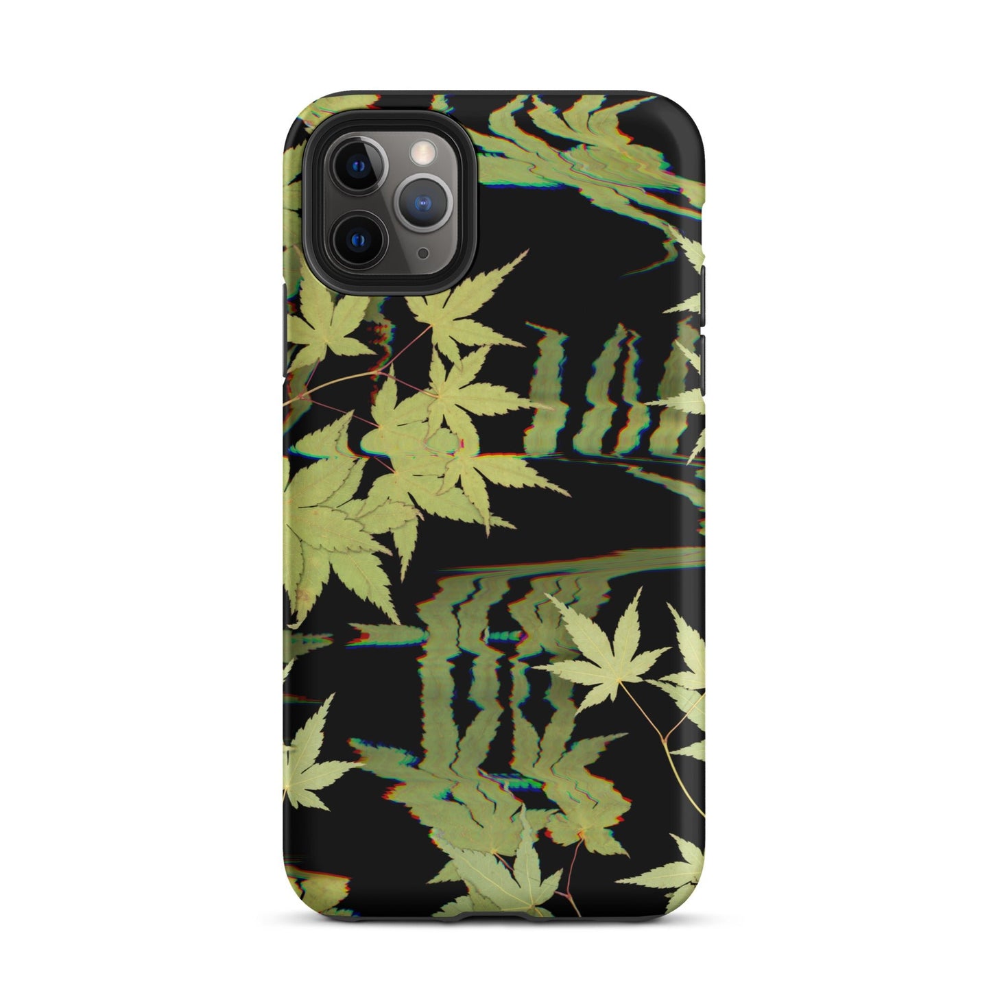 Pressed maple leaf iphone 11 pro matte case by Old Leaf Designs featuring digital glitch botanical artwork on a black background