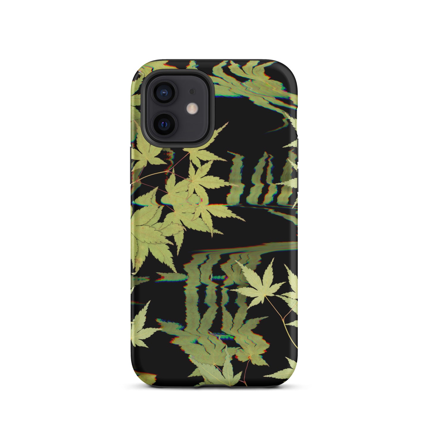 Pressed maple leaf iphone 12 matte case by Old Leaf Designs featuring digital glitch botanical artwork on a black background