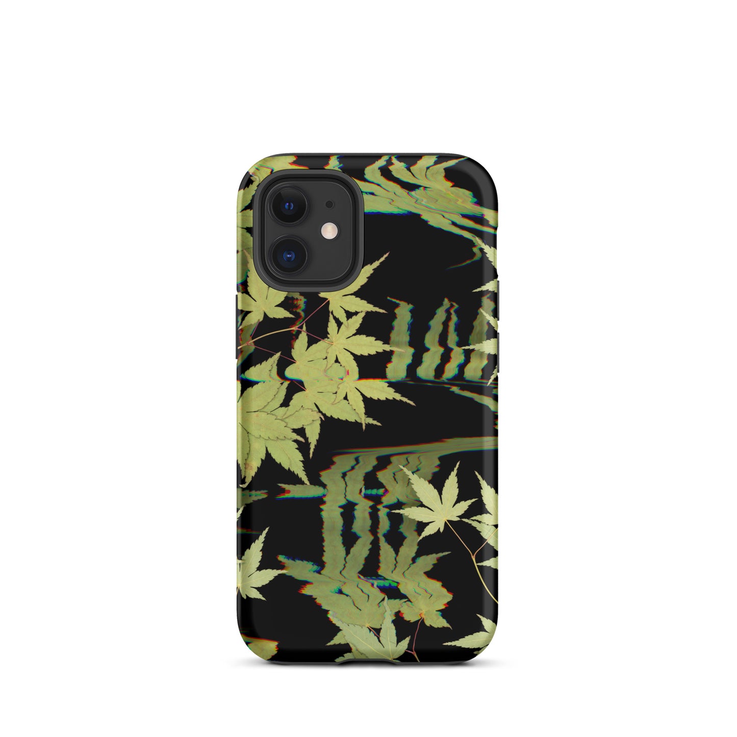 Pressed maple leaf iphone 12 mini matte case by Old Leaf Designs featuring digital glitch botanical artwork on a black background