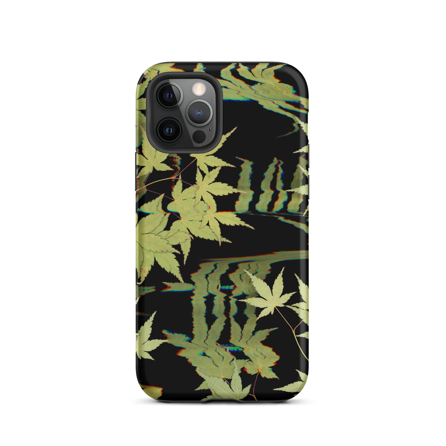 Pressed maple leaf iphone 12 pro matte case by Old Leaf Designs featuring digital glitch botanical artwork on a black background