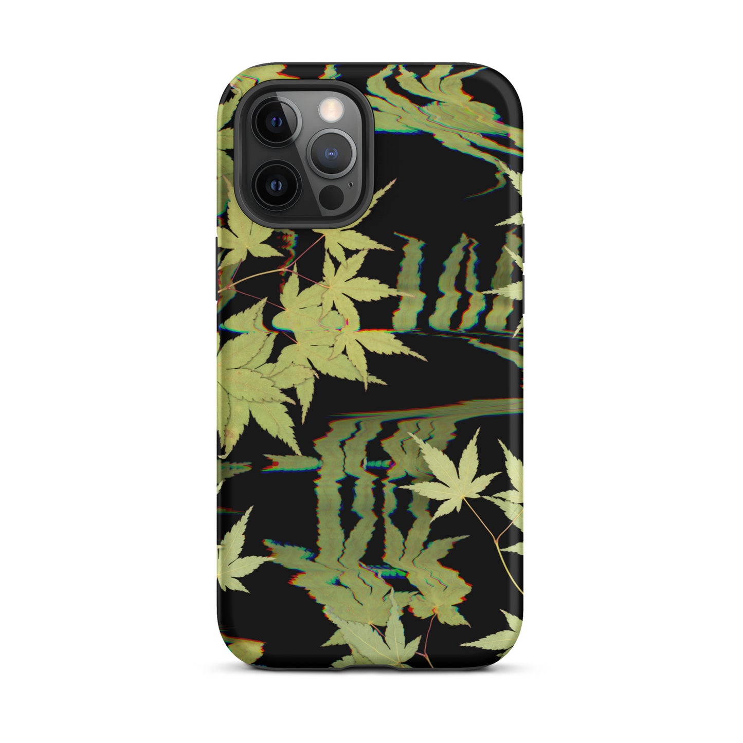Pressed maple leaf iphone 12pro max matte case by Old Leaf Designs featuring digital glitch botanical artwork on a black background