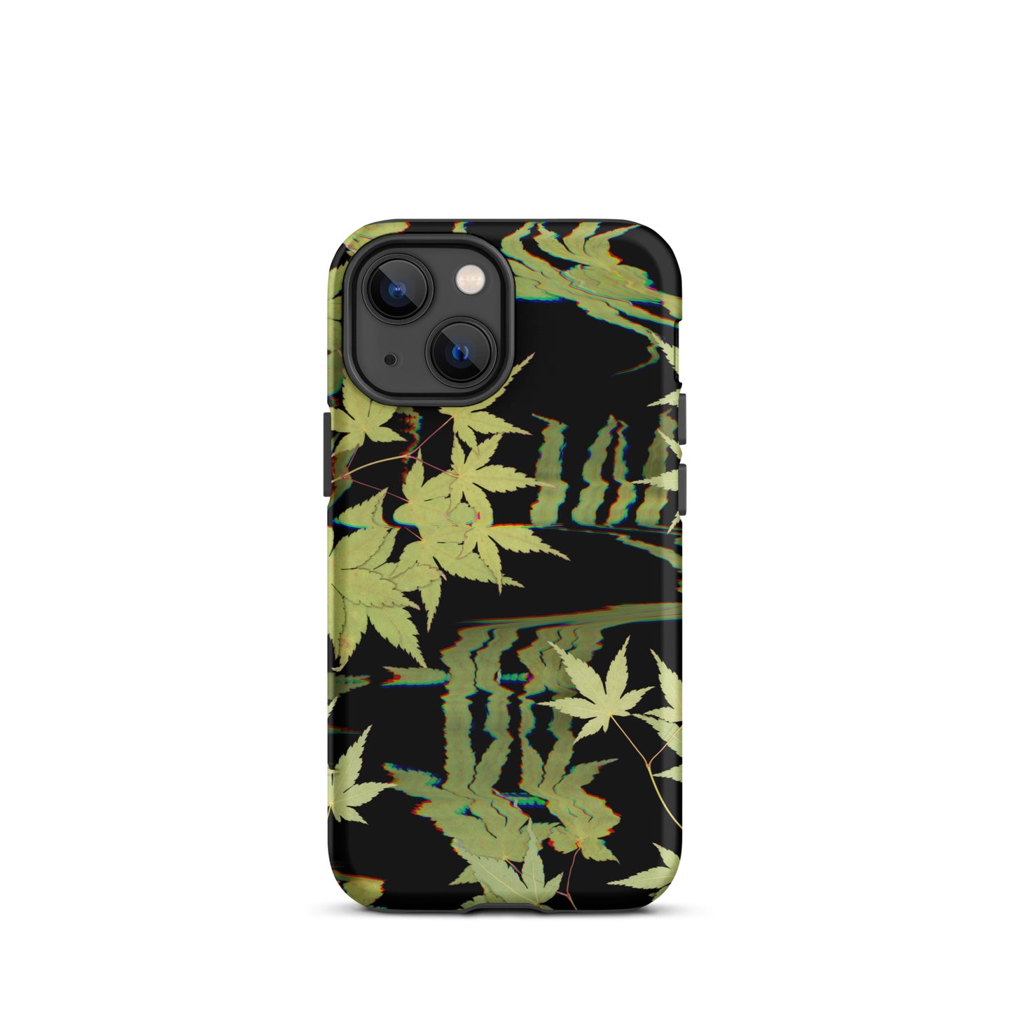 Pressed maple leaf iphone 13 mini matte case by Old Leaf Designs featuring digital glitch botanical artwork on a black background
