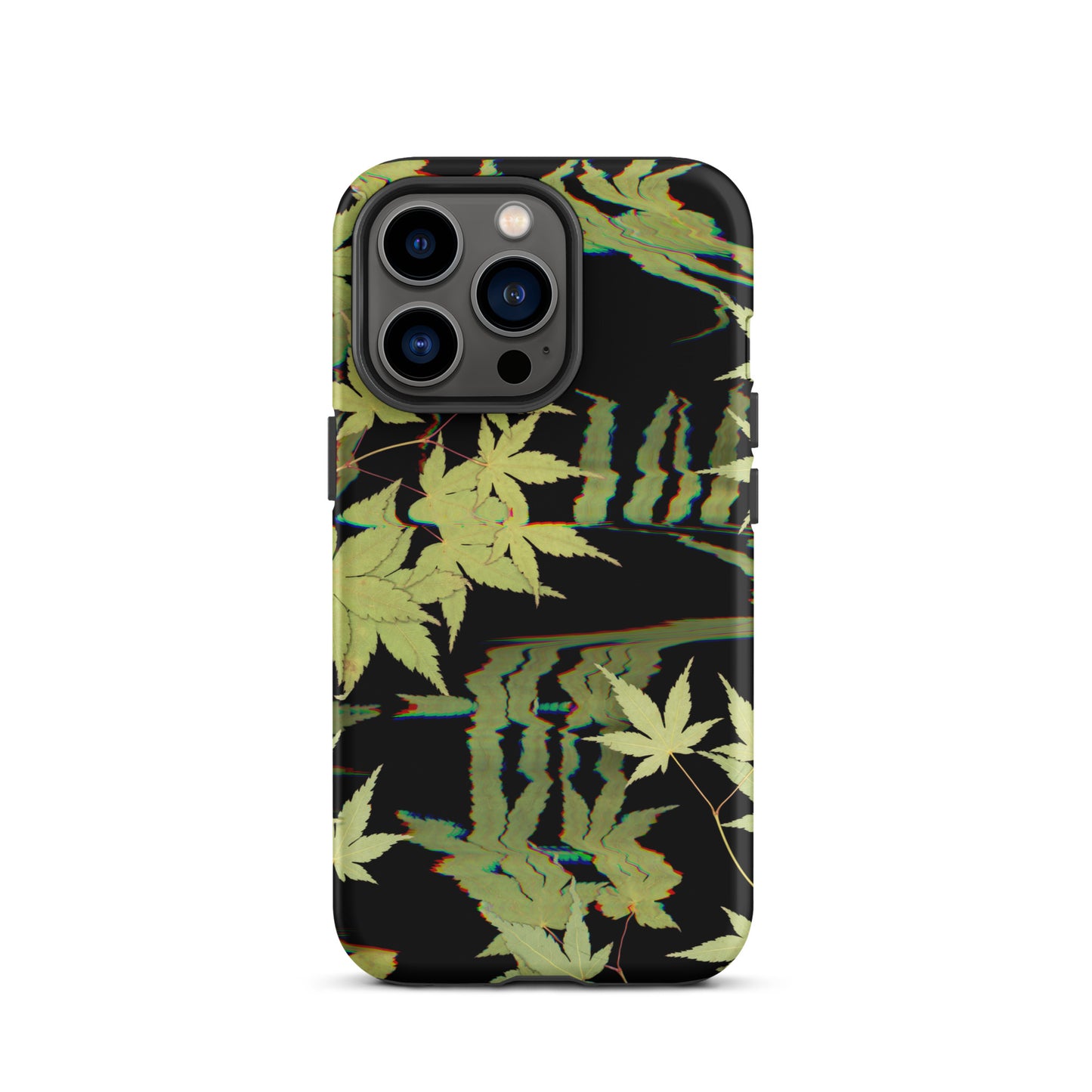 Pressed maple leaf iphone 13 pro matte case by Old Leaf Designs featuring digital glitch botanical artwork on a black background