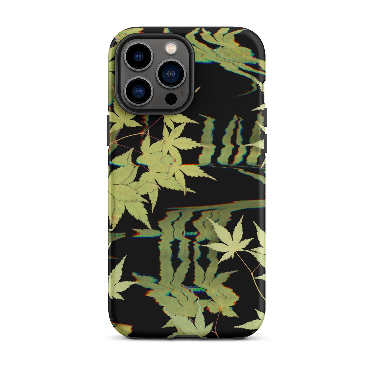 Pressed maple leaf iphone 13 pro max matte case by Old Leaf Designs featuring digital glitch botanical artwork on a black background