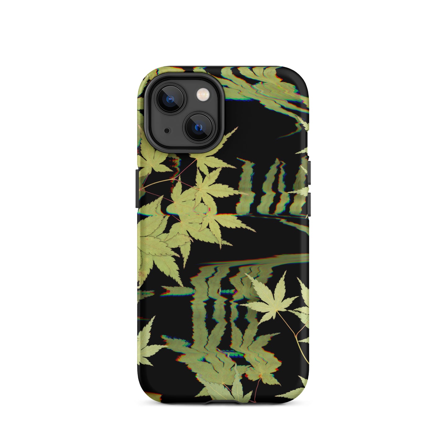 Pressed maple leaf iphone 14 matte case by Old Leaf Designs featuring digital glitch botanical artwork on a black background