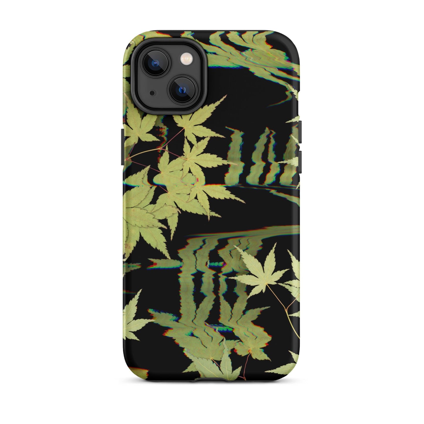 Pressed maple leaf iphone 14 plus matte case by Old Leaf Designs featuring digital glitch botanical artwork on a black background