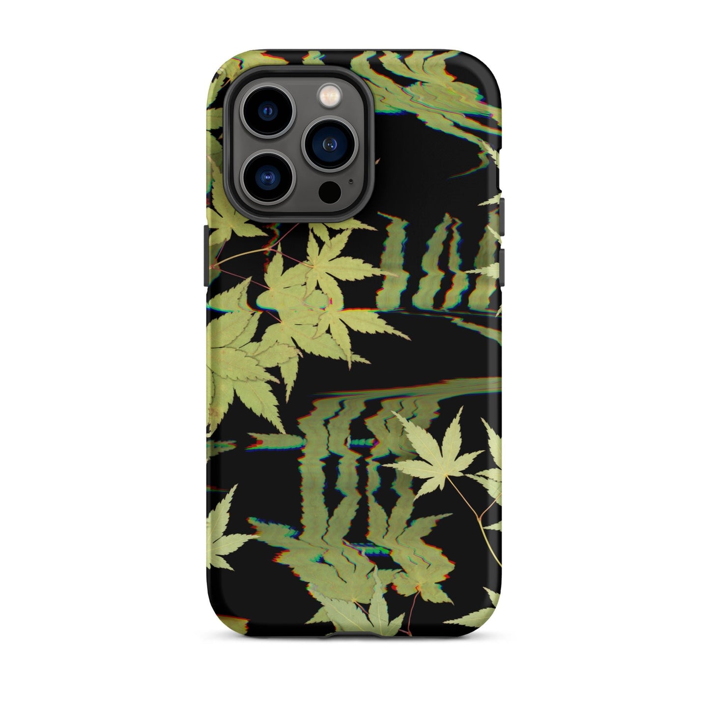 Pressed maple leaf iphone 14 pro max matte case by Old Leaf Designs featuring digital glitch botanical artwork on a black background