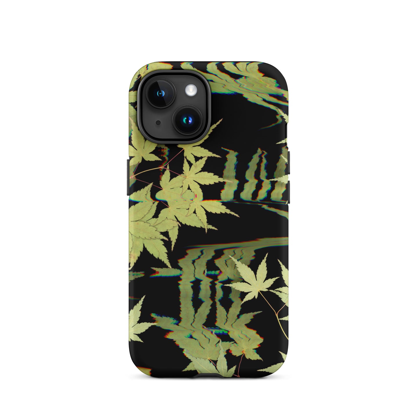 Pressed maple leaf iphone 15 matte case by Old Leaf Designs featuring digital glitch botanical artwork on a black background