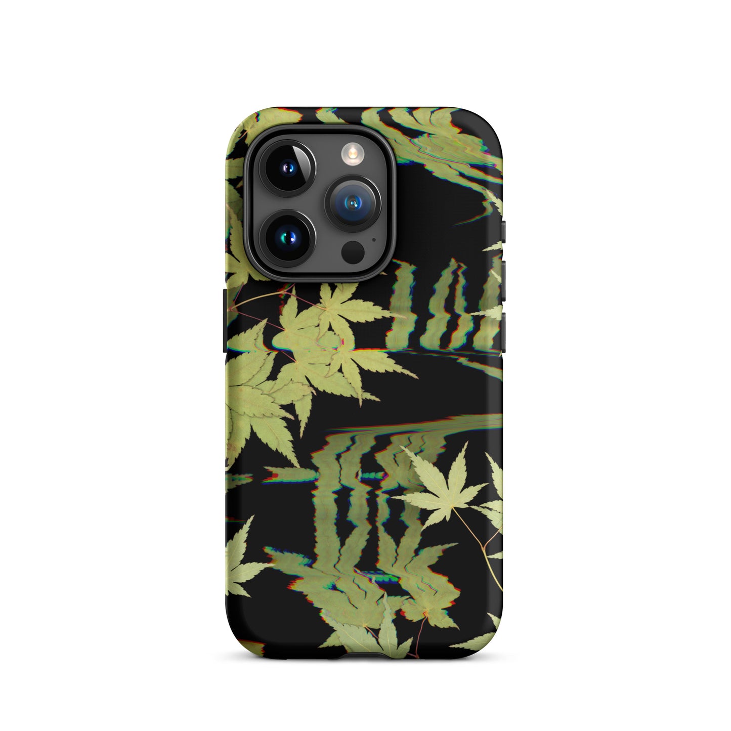 Pressed maple leaf iphone 15 pro matte case by Old Leaf Designs featuring digital glitch botanical artwork on a black background