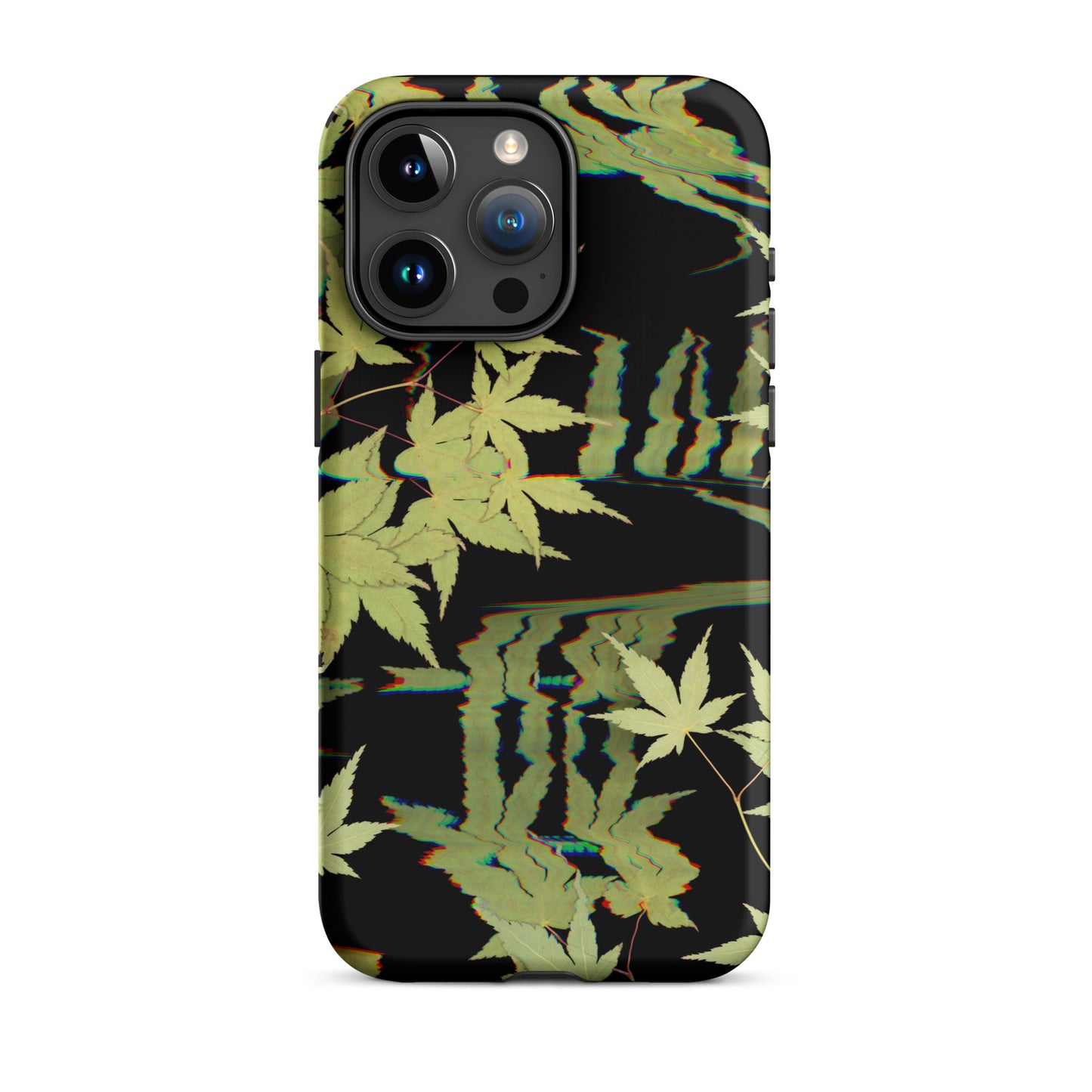 Pressed maple leaf iphone 15 pro max matte case by Old Leaf Designs featuring digital glitch botanical artwork on a black background