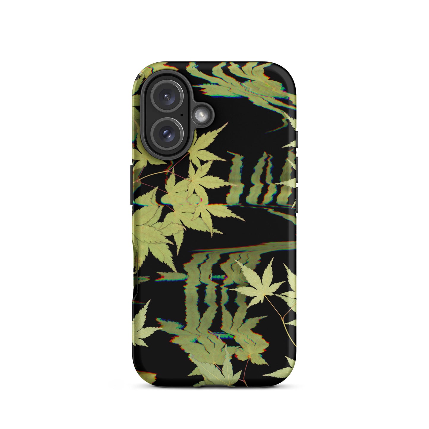 Pressed maple leaf iphone 16 matte case by Old Leaf Designs featuring digital glitch botanical artwork on a black background