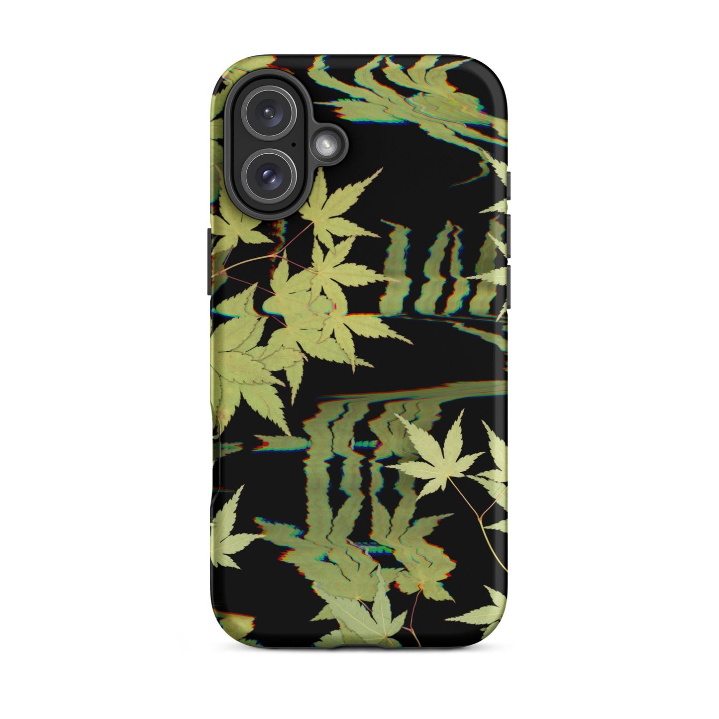 Pressed maple leaf iphone 16 plus matte case by Old Leaf Designs featuring digital glitch botanical artwork on a black background