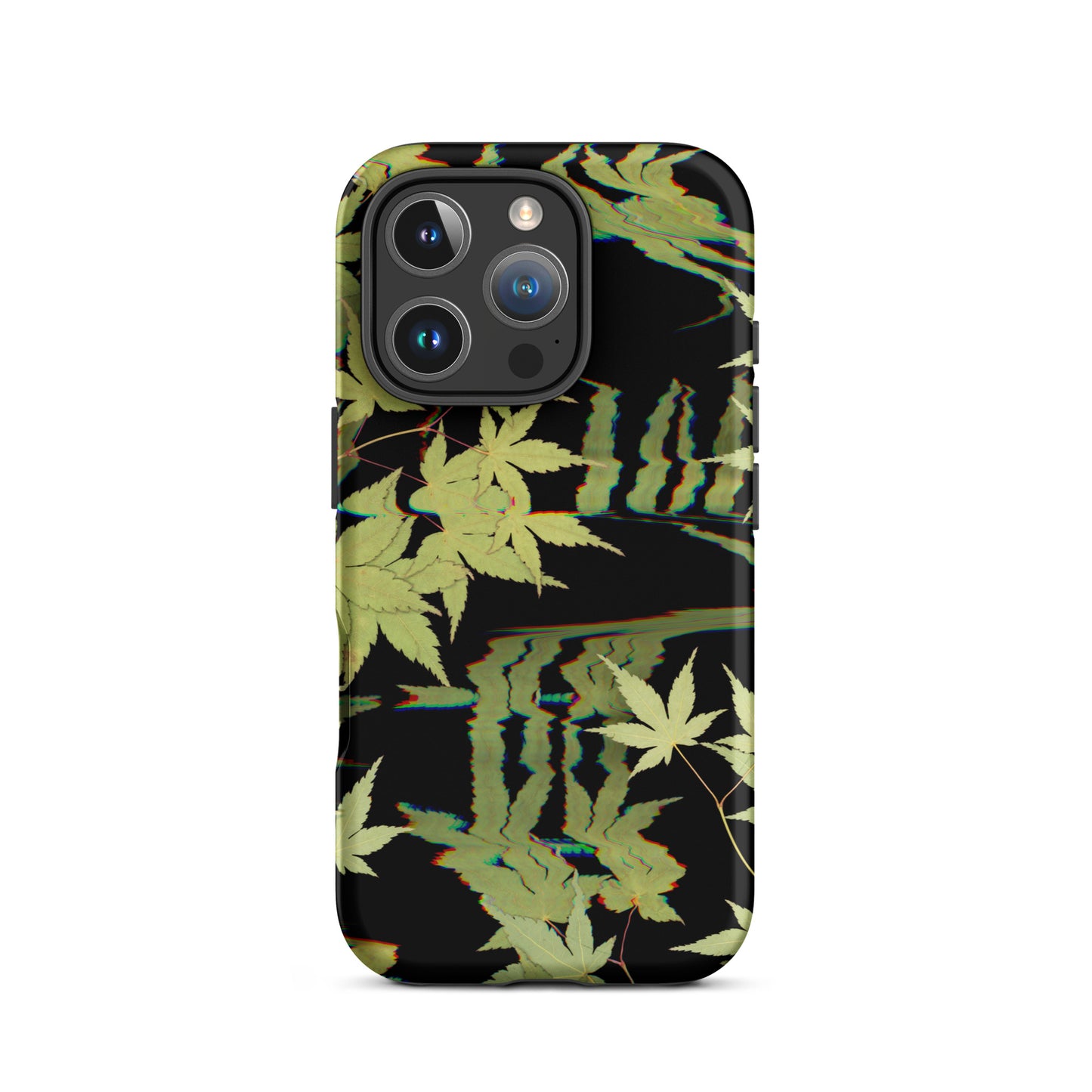 Pressed maple leaf iphone 16 pro matte case by Old Leaf Designs featuring digital glitch botanical artwork on a black background