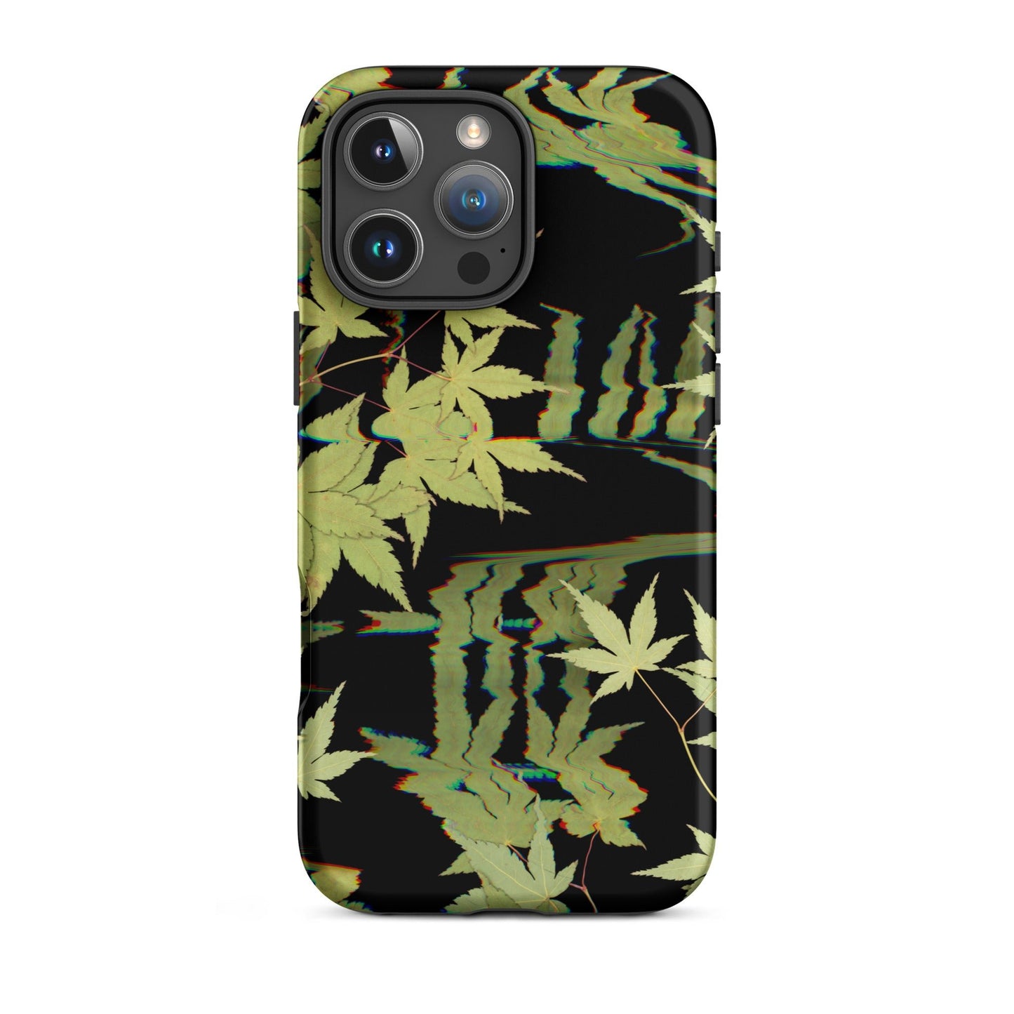 Pressed maple leaf iphone 16 pro max matte case by Old Leaf Designs featuring digital glitch botanical artwork on a black background