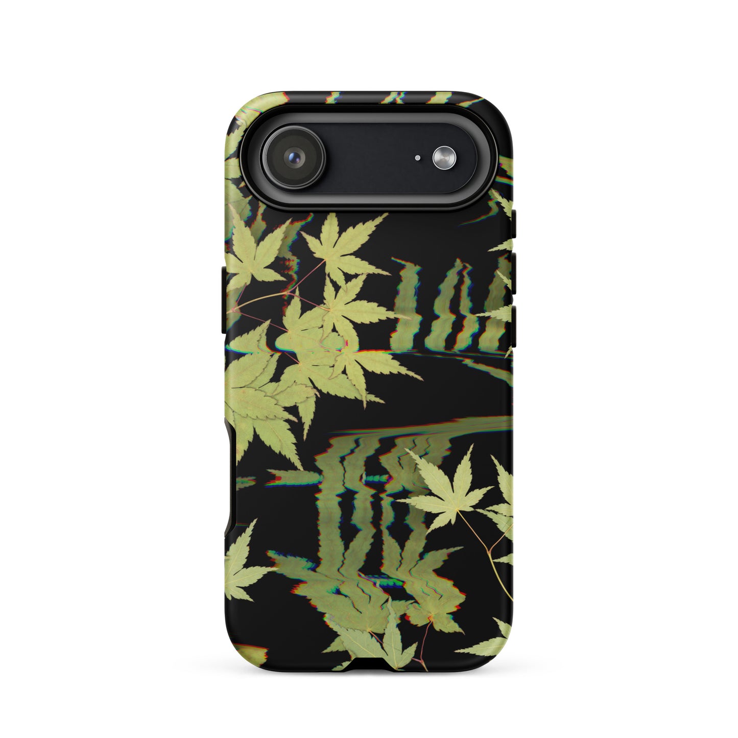 Pressed maple leaf iphone 17 air matte case by Old Leaf Designs featuring digital glitch botanical artwork on a black background